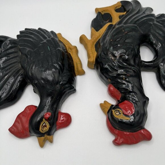 Vintage Black Rooster Chalkware Farmhouse Kitchen Art Deco MCM Plaques Set Of 2 - Picture 5 of 6
